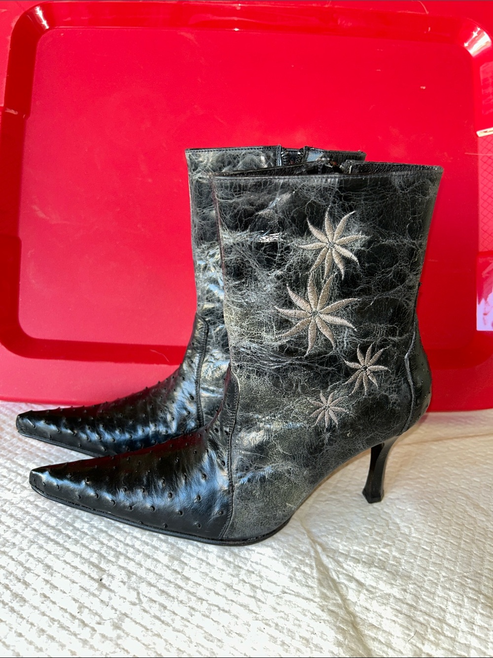 Embroidered Black Pointed-Toe Ankle Booties